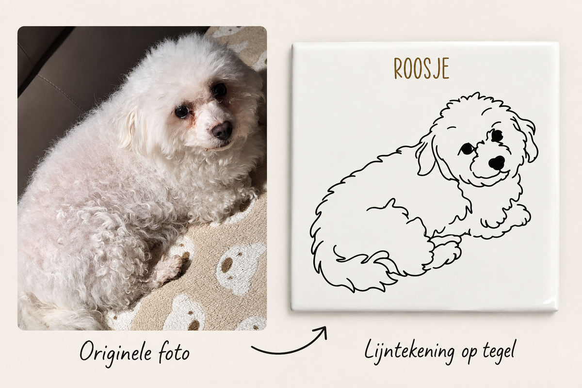 Gepersonaliseerde tegel met lijntekening van jouw huisdier 🐾