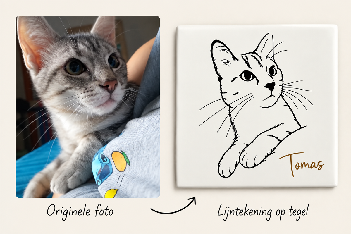 Gepersonaliseerde tegel met lijntekening van jouw huisdier 🐾